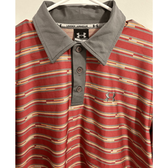 Vintage Late 90s Under Armour Golf Polo Red & Gray Stripped Sz Medium - Picture 3 of 9